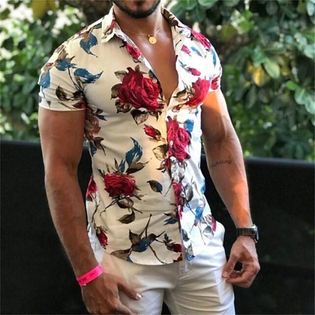 

Men's Shirt 3D Print Floral Turndown Street Casual 3D Button-Down Short Sleeve Tops Casual Fashion Breathable Comfortable White Black