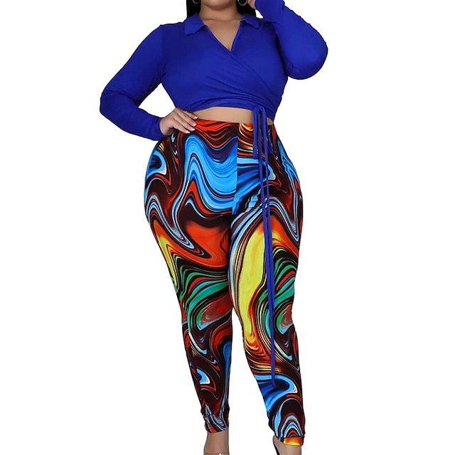 

Women's Plus Size Tops Blouse Set Graphic Long Sleeve V Neck Streetwear Festival Daily Sports Polyester Spring Summer Blue Yellow