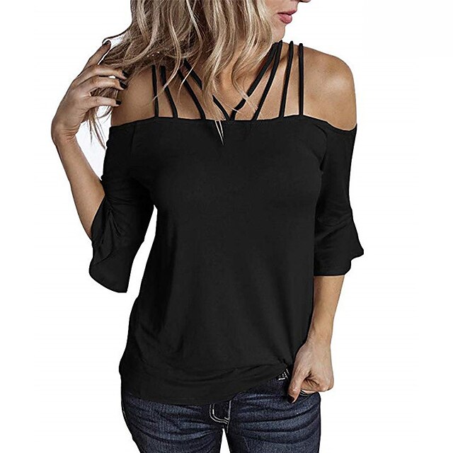 

Women's T shirt Plain Cold Shoulder Off Shoulder Basic Tops White Black Gray