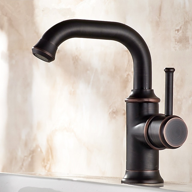  Bathroom Sink Mixer Faucet Vintage Deck Mounted, 360 Swivel Rotatable Single Handle One Hole Monobloc Washroom Basin Taps with Hot and Cold Water Hose Antique Brass ORB