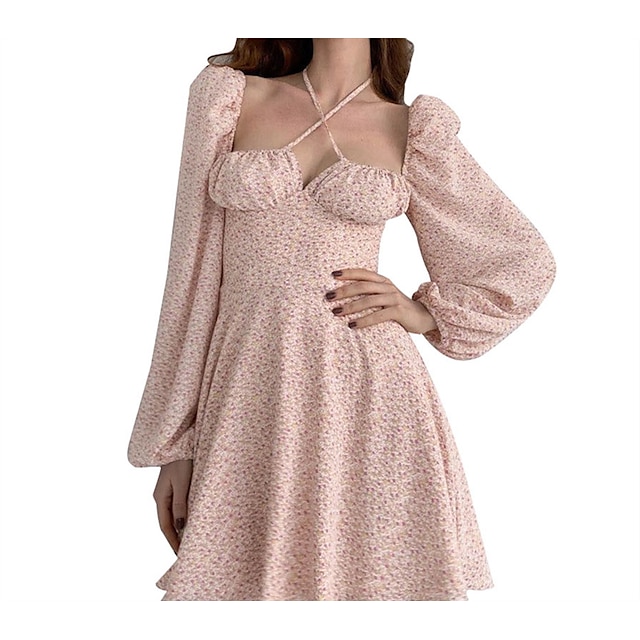 

Women's A Line Dress Knee Length Dress Light Pink White Pink Long Sleeve Floral Print Spring Summer Halter Neck Casual Linen S M L XL