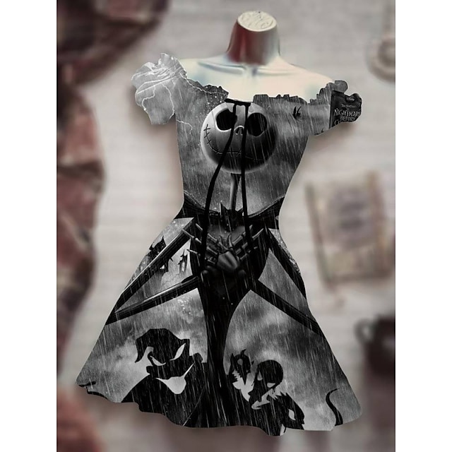 

Inspired by The Nightmare Before Christmas Jack Skellington Dress Cartoon 100% Polyester Anime Harajuku Graphic Kawaii Dress For Women's