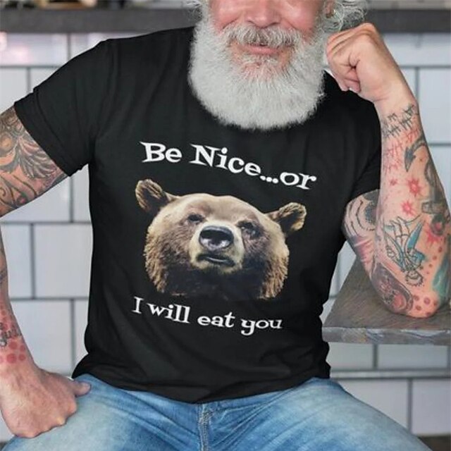 

Men's T shirt Bear Round Neck Casual Daily Short Sleeve Tops Lightweight Fashion Big and Tall Sports Black