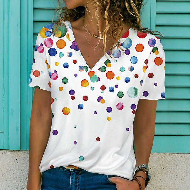 Women's T shirt Tee White Graphic Polka Dot Print Short Sleeve Casual Daily Basic Vintage Beach V Neck Regular Painting S2