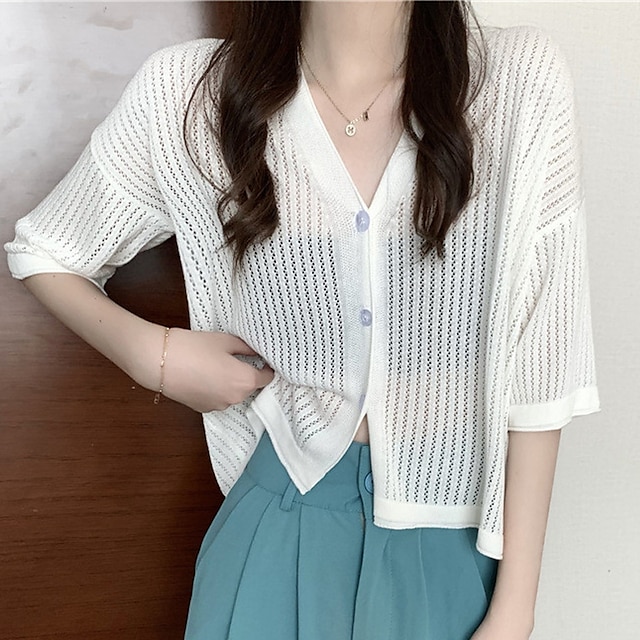 

Women's Cardigan Knitted Button Pure Color Stylish Casual Soft Half Sleeve Sweater Cardigans V Neck Spring Summer Blue White Black