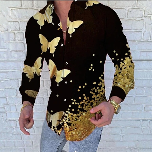  Męskie Koszula Koszula z grafiką Motyl Księżyc Liście Wieczorne Żółty Złoty Druk 3D Na zewnątrz Ulica Długi rękaw Nadruk Przycisk w dół Odzież Moda Designerskie Codzienny Oddychający