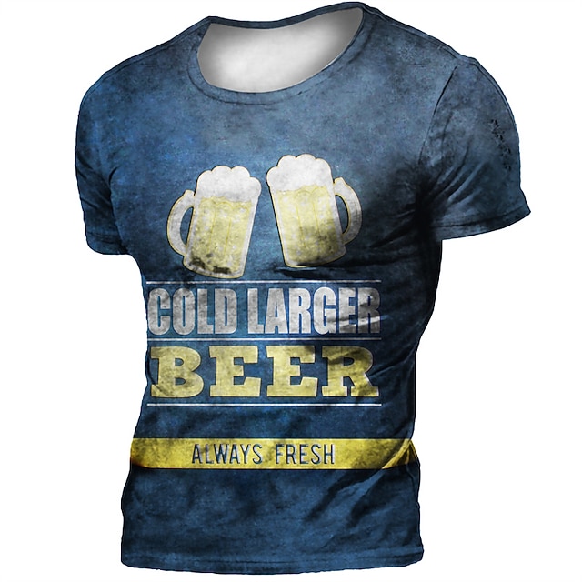 

Men's T shirt 3D Print Graphic Beer Letter Crew Neck Casual Daily Print Short Sleeve Tops Fashion Vintage Designer Big and Tall Blue Brown