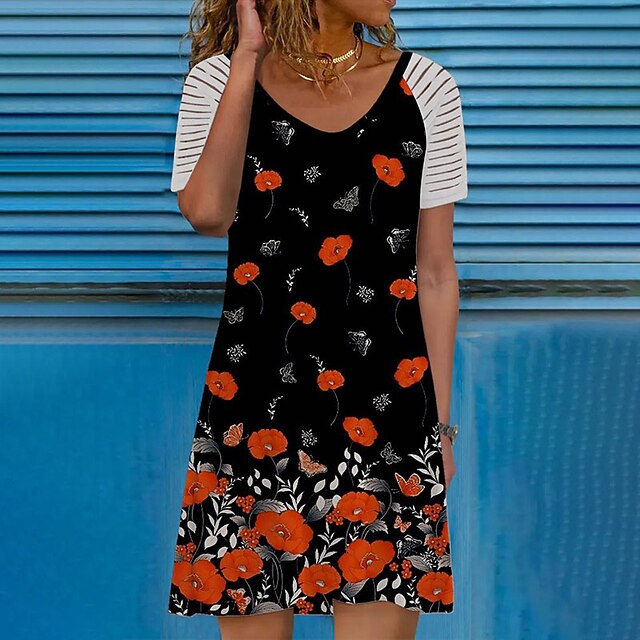 

Women's Shift Dress Short Mini Dress Black Short Sleeve Floral Print Spring Summer V Neck Casual 2022 S M L XL XXL 3XL