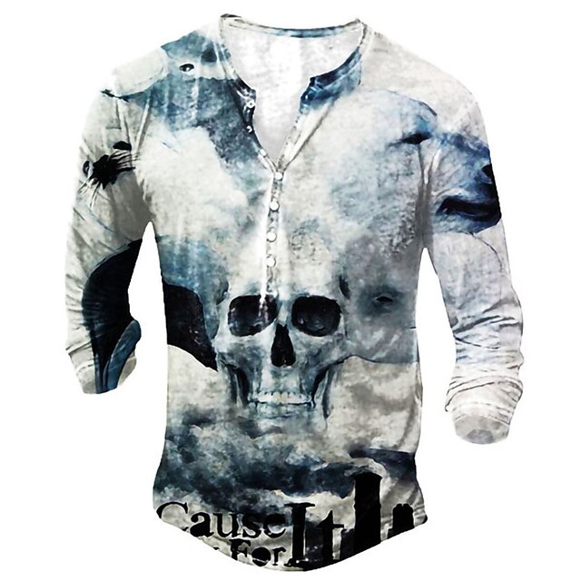 

Men's Unisex Henley Shirt T shirt 3D Print Graphic Prints Skull Henley Street Daily Button-Down Print Long Sleeve Tops Basic Casual Fashion Retro Blue