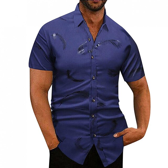 Mens Clothing Mens Shirts | Mens Dress Shirt Print Feather Turndown Street Daily Button-Down Print Short Sleeve Tops Business Cl