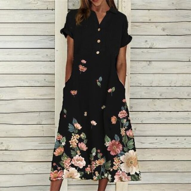 

Women's A Line Dress Midi Dress Black Short Sleeve Floral Pocket Button Print Fall Spring V Neck Casual 2022 S M L XL XXL