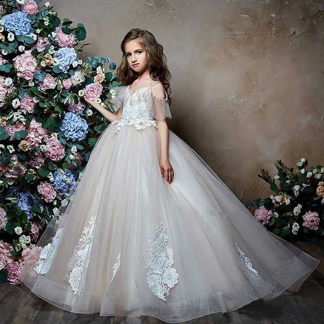 

Kids Little Girls' Dress Floral Flower A Line Dress Party Wedding Birthday Embroidered Mesh Beige Tulle Asymmetrical Short Sleeve Princess Sweet Dresses Summer Regular Fit 3-12 Years