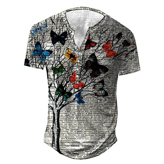 

Men's Henley Shirt Tee T shirt 3D Print Graphic Butterfly Plus Size Henley Daily Sports Button-Down Print Short Sleeve Tops Basic Casual Classic Designer Gray