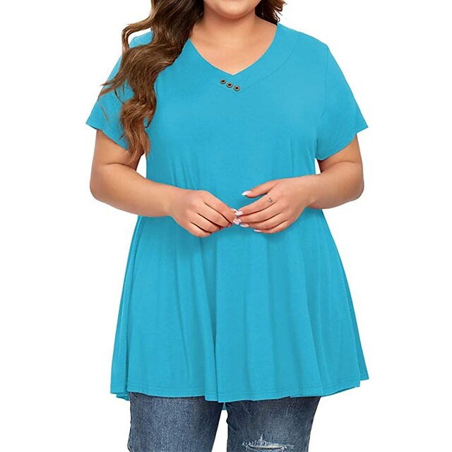 

Women's Plus Size Tops T shirt Plain Ruched Button Short Sleeve V Neck Streetwear Daily Going out Polyester Spring Summer Green Blue