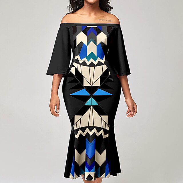 

Women's A Line Dress Midi Dress Green Black Red 3/4 Length Sleeve Geometric Print Spring Summer Off Shoulder Modern 2022 S M L XL XXL 3XL