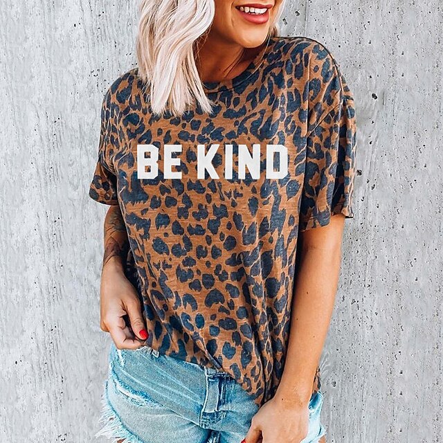 

Women's Painting T shirt Leopard Text Print Round Neck Basic Tops Yellow / 3D Print