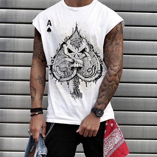 

Men's T shirt Graphic Poker Crew Neck Street Casual Print Cap Sleeve Tops Casual Fashion Classic Comfortable White