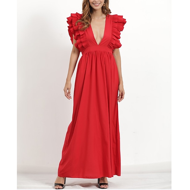 

Women's Chiffon Dress Maxi long Dress Black Gray Red Short Sleeve Solid Color Chiffon Summer V Neck Party Elegant Casual 2022 S M L XL XXL