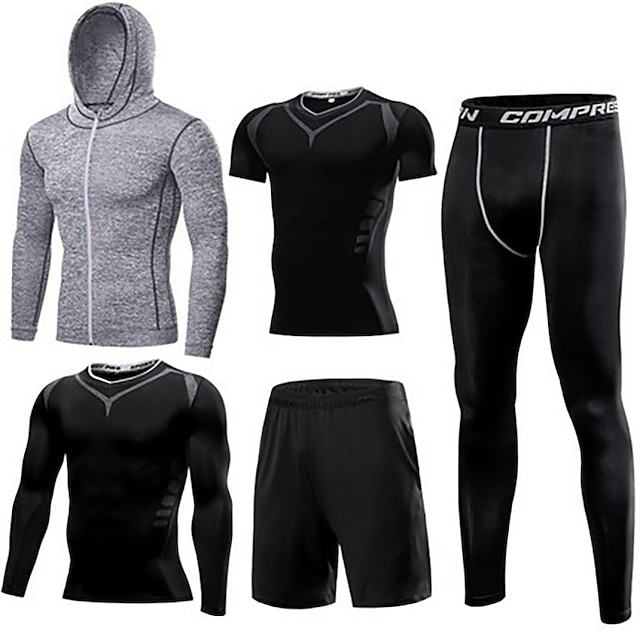 Sports & Outdoors Running, Jogging & Walking | Mens 5pcs Activewear Set Workout Outfits Compression Suit Athletic Athleisure Lon