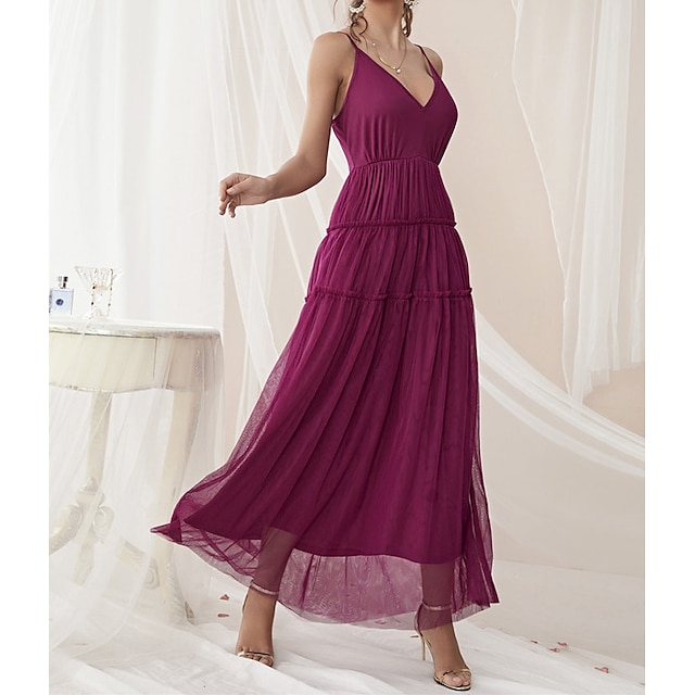 

Women's A Line Dress Maxi long Dress Prom Dress Fuchsia Sleeveless Pure Color Chiffon Spring Summer Spaghetti Strap Elegant Luxurious Elegant Romantic Slim Mesh S M L XL / Party Dress