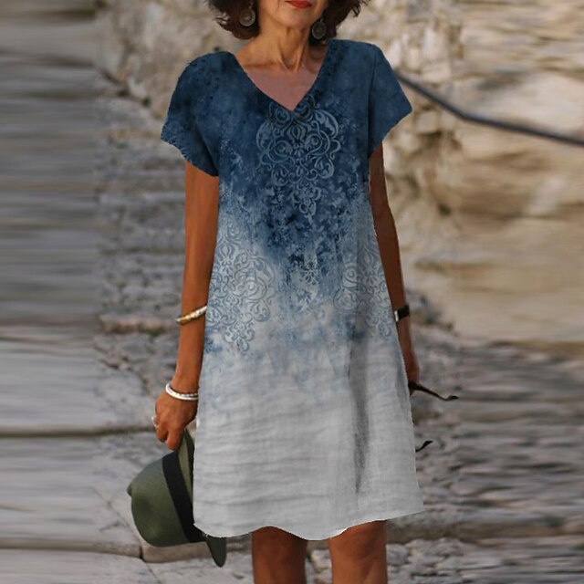 

Women's Shift Dress Knee Length Dress Blue Short Sleeve Floral Color Gradient Print Spring Summer V Neck Stylish Casual 2022 S M L XL XXL 3XL