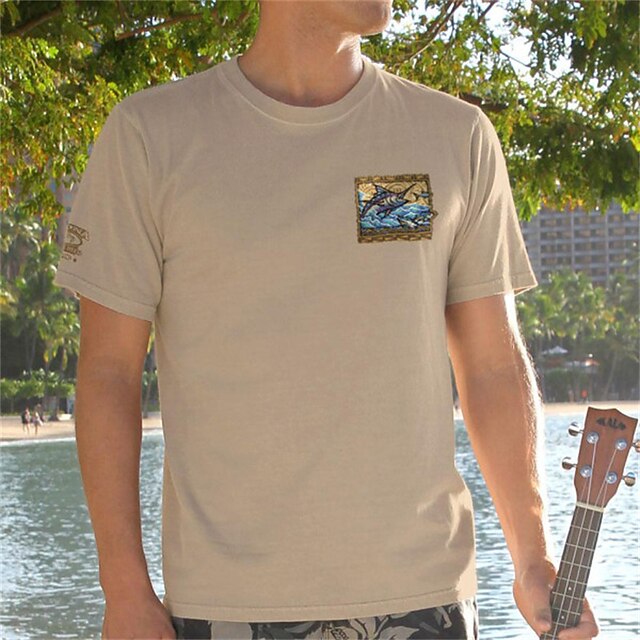 

Men's T shirt Hot Stamping Graphic Shark Crew Neck Casual Daily Print Short Sleeve Tops Lightweight Fashion Big and Tall Sports Khaki