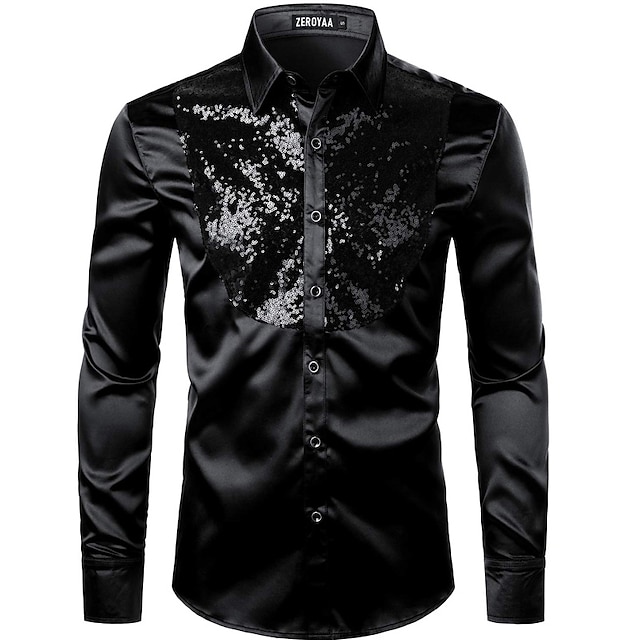 Mens Clothing Mens Shirts | Mens Tuxedo Shirts Solid Color Turndown Party Street Sequins Button-Down Long Sleeve Tops Fashion Br