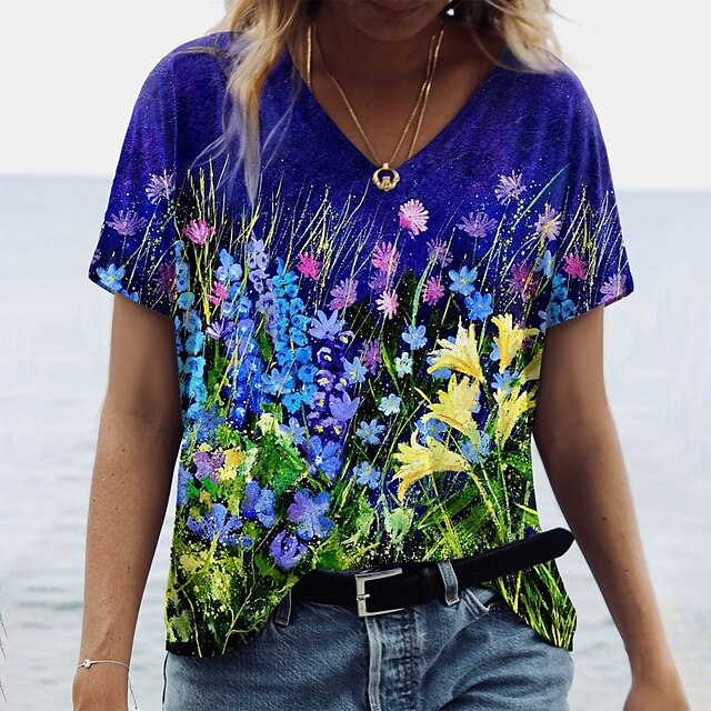 

Women's Floral Theme Painting T shirt Floral Print V Neck Basic Tops Purple / 3D Print