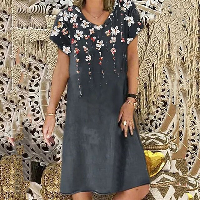 

Women's Shift Dress Knee Length Dress Gray Short Sleeve Floral Print Spring Summer V Neck Casual 2022 S M L XL XXL