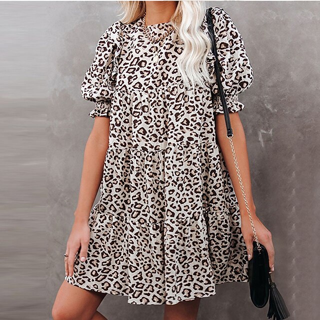 

Women's A Line Dress Short Mini Dress Brown Short Sleeve Leopard Print Fall Summer Crew Neck Stylish Casual 2022 S M L XL XXL