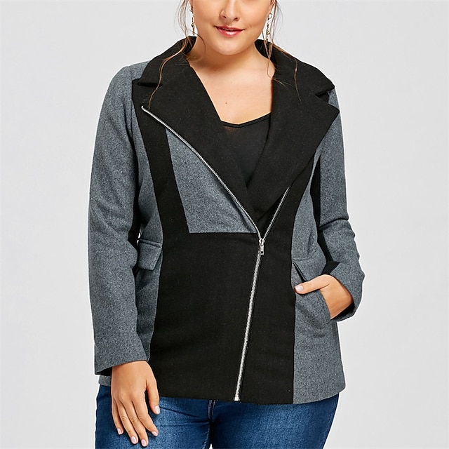 

Women's Plus Size Jacket Pocket Zip Up Color Block Causal Vacation Long Sleeve Shirt Collar Regular Fall Winter Gray XL XXL 3XL 4XL 5XL