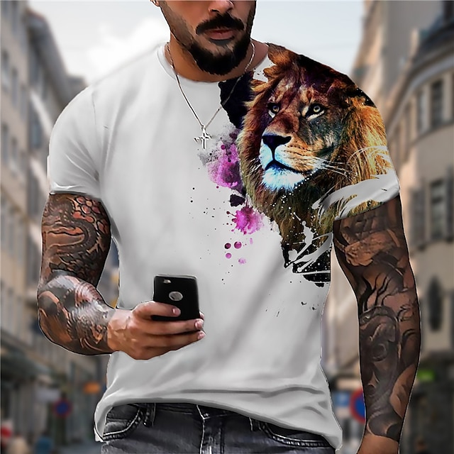 

Men's Unisex T shirt 3D Print Graphic Prints Lion Crew Neck Street Daily Print Short Sleeve Tops Casual Designer Big and Tall Sports White