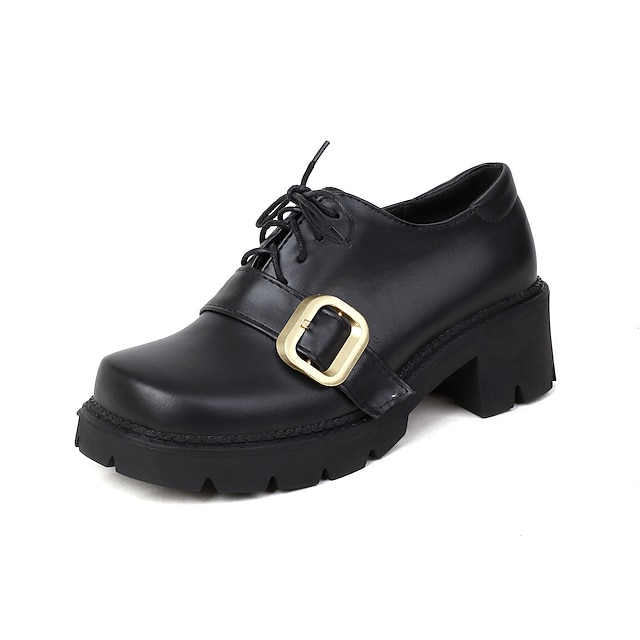 

Women's Oxfords Buckle Chunky Heel Round Toe Casual Preppy Daily PU Leather Lace-up Spring Summer Solid Colored White Black