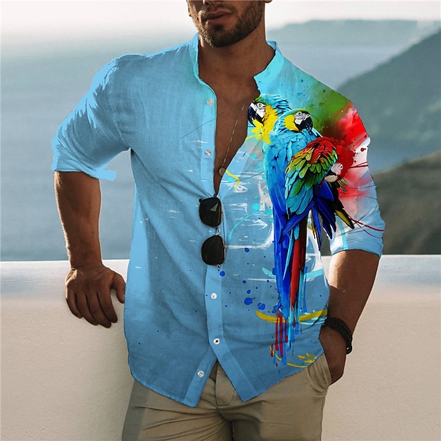  رجالي قميص قميص هاواي الرسم حيوان ستايل هاواي الوها ببغاء مرتفعة أصفر أزرق أرجواني برتقالي طباعة الأماكن المفتوحة فضفاض كم قصير طباعة زر أسفل ملابس موضة مصمم كاجوال مريح