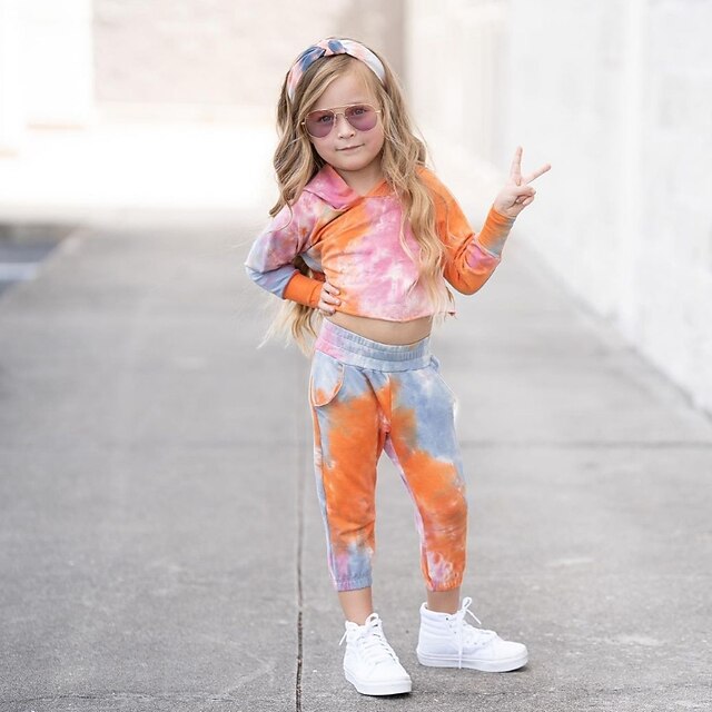

Kids Girls' Hoodie Pants Clothing Set 2 Pieces Long Sleeve Pink Orange Tie Dye Indoor Outdoor Cute Sweet Regular 2-6 Years