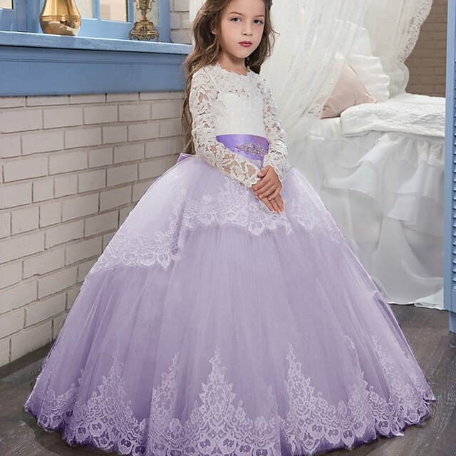 

Kids Little Girls' Dress Floral Solid Colored A Line Dress Party Christening dress Ruched Mesh Lace White Purple Khaki Maxi Long Sleeve Princess Cute Dresses Fall Spring Regular Fit 3-12 Years