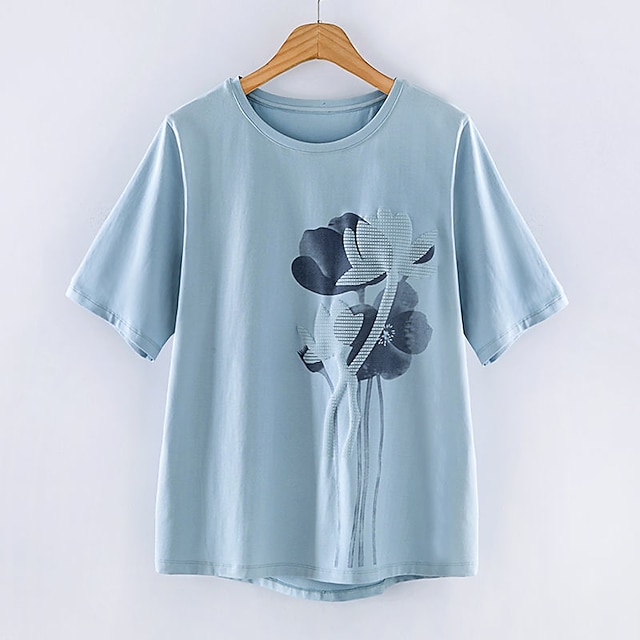 

Women's Plus Size Tops T shirt Floral Print Short Sleeve Crewneck Streetwear Daily Going out Cotton Spring Summer Blue White