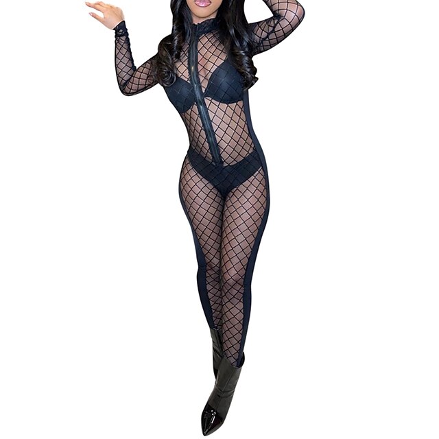 

Women's Jumpsuit Mesh Geometric Crew Neck Active Party Club Bodycon Long Sleeve Black S M L All Seasons