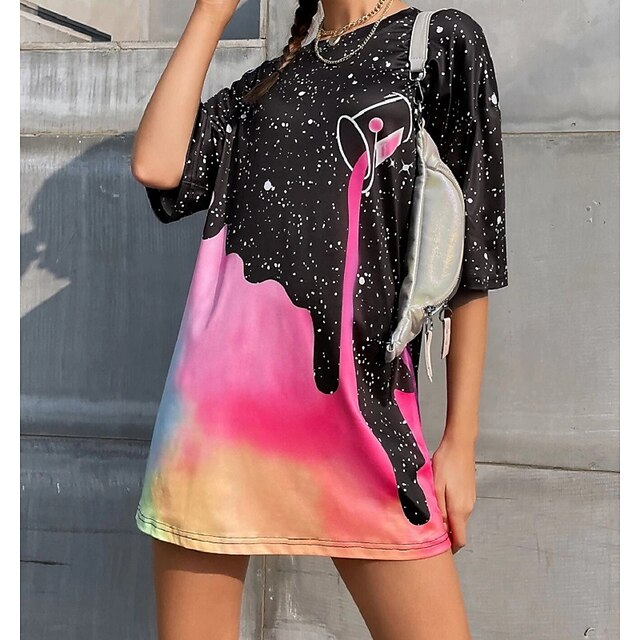 

Women's Geometric Painting T shirt Cartoon Graphic Star Print Round Neck Ethnic Vintage Tops Black / 3D Print