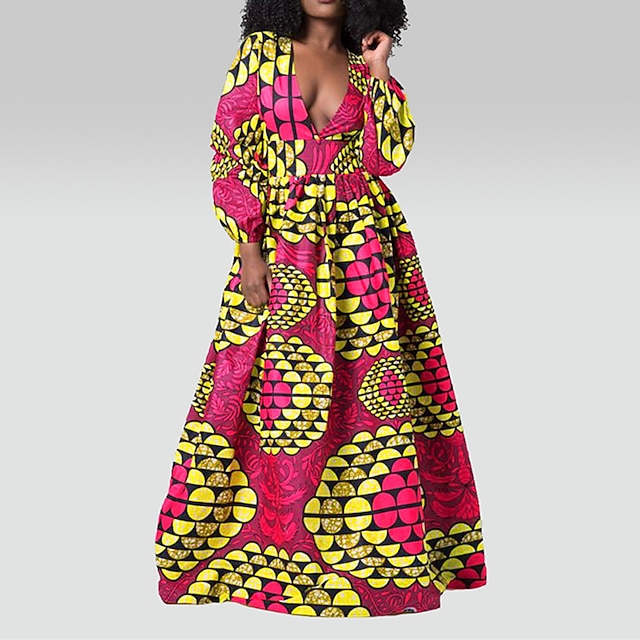 

Women's Swing Dress Maxi long Dress Purple Yellow Long Sleeve Print Print Spring Summer V Neck Casual 2022 S M L XL