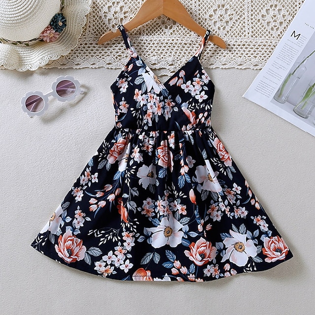 

Kids Little Girls' Dress Floral Graphic A Line Dress Sports Outdoor Daily Ruched Print Navy Blue Knee-length Sleeveless Cute Sweet Dresses Fall Summer Regular Fit 2-6 Years