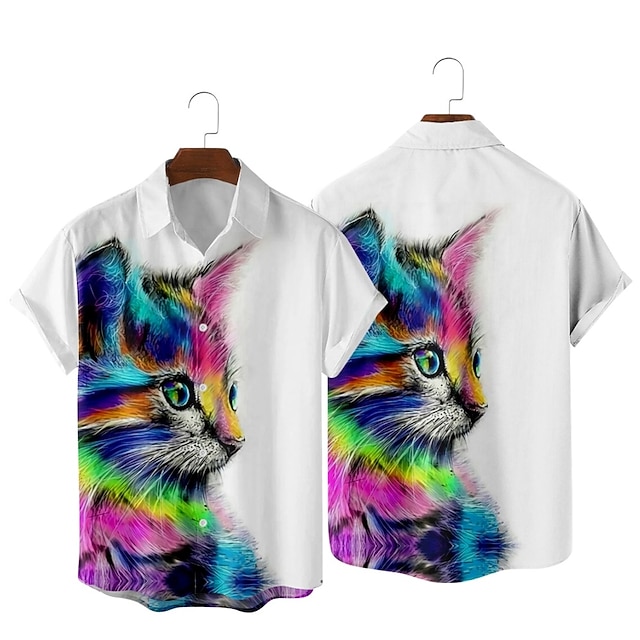 

Men's Shirt 3D Print Cat Colorful Animal Classic Collar Party Daily Print Short Sleeve Tops Streetwear Hawaiian White