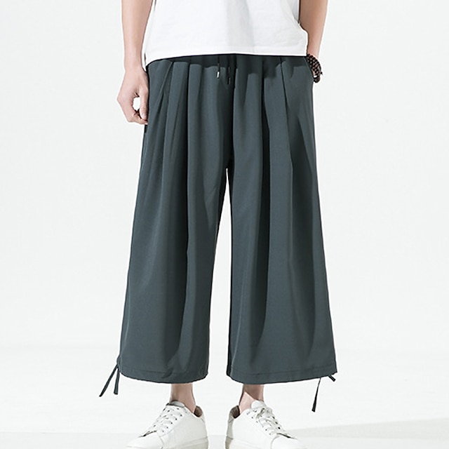 

Men's Chinese Style Streetwear Culottes Wide Leg Bloomers Leg Drawstring Elastic Waist Ankle-Length Pants Casual Daily Solid Color Comfort Breathable Mid Waist Green Black Gray Navy Blue M L XL XXL