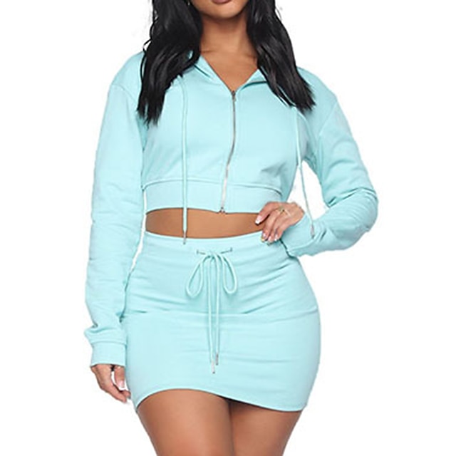 

Women's Basic Plain Sport Casual Two Piece Set Crop Top Hoodie Skirt Sets Skirt Drawstring Zipper Tops