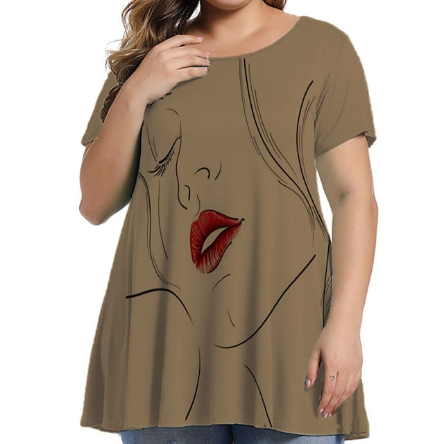 

Women's Plus Size Tops Blouse Mouth Print Short Sleeve Crewneck Streetwear Festival Daily Sports Polyester Spring Summer Gray khaki