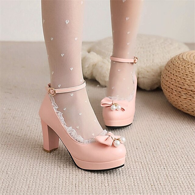 

Women's Lolita Shoes Bowknot Lace Chunky Heel Round Toe Minimalism Daily PU Leather Ankle Strap Summer Solid Colored White Black Pink