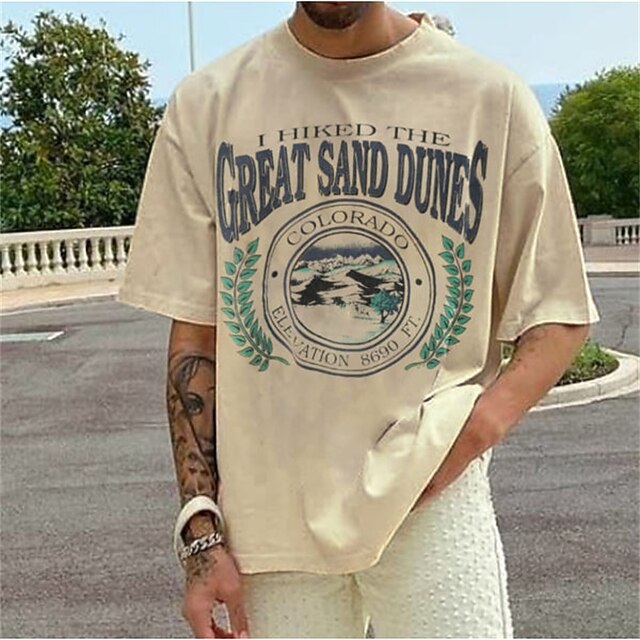 

Men's T shirt Hot Stamping Graphic Letter Crew Neck Casual Daily Print Short Sleeve Tops Lightweight Fashion Big and Tall Sports Beige