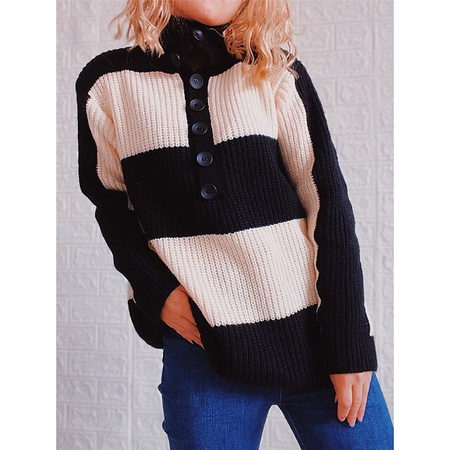 

Women's Sweater Pullover Jumper Knitted Button Striped Stylish Elegant Casual Long Sleeve Sweater Cardigans Turtleneck Spring Summer Black Orange
