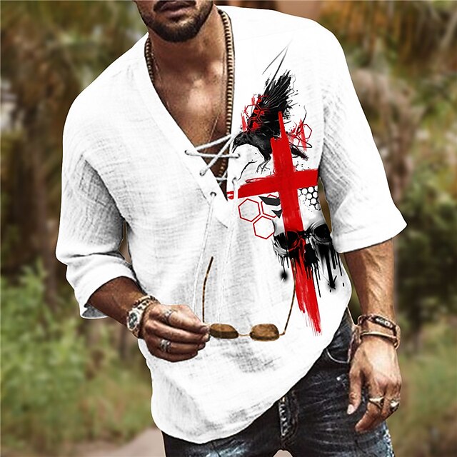 

Men's Shirt 3D Print Cross V Neck Casual Daily 3D Print Drawstring 3/4 Length Sleeve Tops Casual Fashion Designer Comfortable White