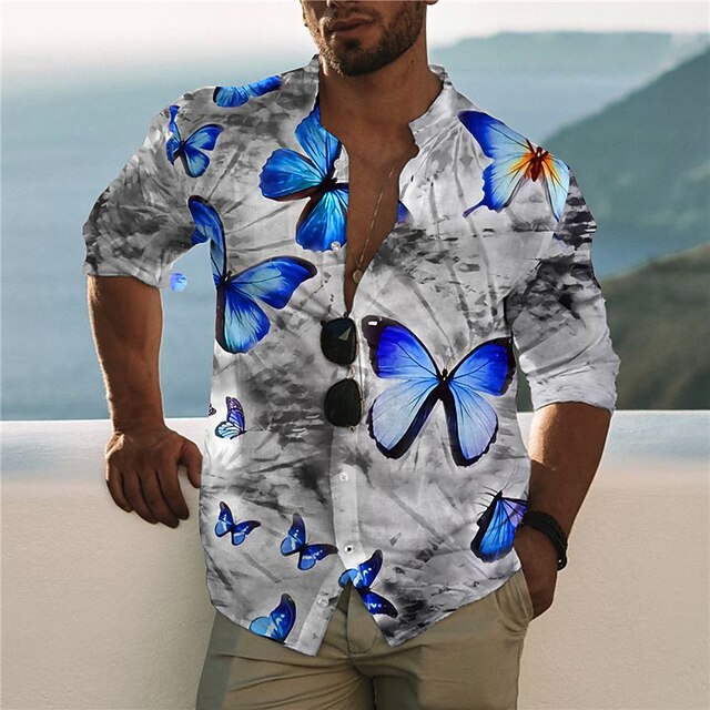 

Men's Shirt 3D Print Butterfly Animal Stand Collar Casual Daily Button-Down Print Long Sleeve Tops Casual Fashion Designer Comfortable Blue